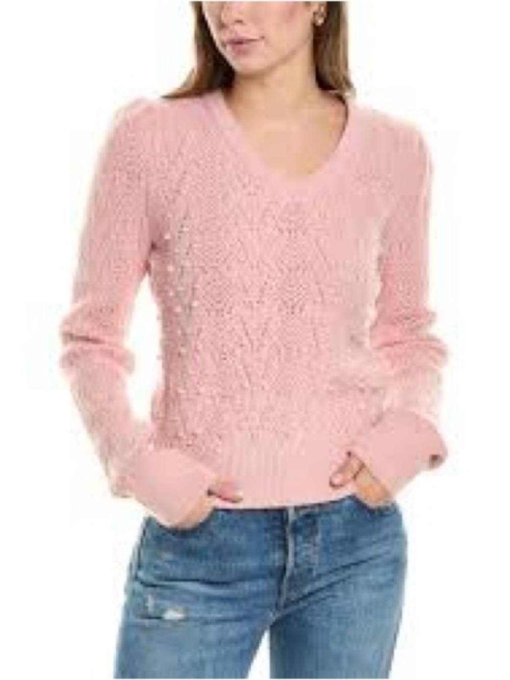 Nanette Lepore Women’s Pink Knit V-Neck Sweater pearls girly feminine